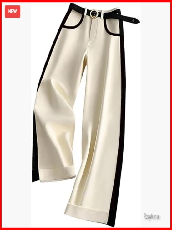 Pants - High Waisted Wide Leg Work Pants with Side Stripes, Straight Leg Trousers
